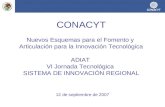 CONACYT Nuevos Esquemas para el Fomento y Articulación para la Innovación Tecnológica ADIAT VI Jornada Tecnológica SISTEMA DE INNOVACIÓN REGIONAL 12 de.