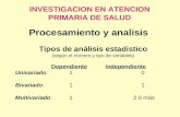 INVESTIGACION EN ATENCION PRIMARIA DE SALUD Procesamiento y analisis Tipos de análisis estadistico (según el número y tipo de variables) DependienteIndependiente.
