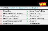 STARTER: Match the Spanish to the English 1NavidadaNew Years Day 2El Día de Año NuevobSaints Day 3Un cumpleañoscChristmas 4El día del santodA bank holiday.
