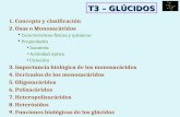 T3 – GLÚCIDOS 1. Concepto y clasificación 2. Osas o Monosacáridos Características físicas y químicas Propiedades Isomería Actividad óptica Ciclación 3.