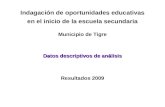 Indagación de oportunidades educativas en el inicio de la escuela secundaria Municipio de Tigre Datos descriptivos de análisis Resultados 2009.