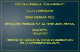ESCUELA PRIMARIA CUAUHTEMOC C.C.T.: 15EPR0547N ZONA ESCOLAR: P211 DIRECCIÓN: MORELOS NO. 12, TEPETLIXPA, MÉXICO. PROYECTO: BULLYING PROPÓSITO: REDUCIR.