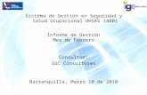 Informe de Gestión Mes de Febrero Consultor: IGC Consultores Barranquilla, Marzo 10 de 2010 Sistema de Gestión en Seguridad y Salud Ocupacional OHSAS 18001.