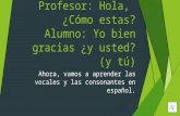 Saludo: Profesor: Hola, ¿Cómo estas? Alumno: Yo bien gracias ¿y usted? (y tú) Ahora, vamos a aprender las vocales y las consonantes en español.