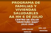 PROGRAMA DE FAMILIAS Y VIVIENDAS SALUDABLES AA HH 6 DE JULIO CENTRO DE SALUD ERMITAÑO BAJO JULIO 2008 DRA. LUZ LEÓN COLLAO MEDICINA FAMILIAR.