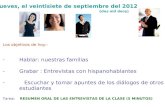 Jueves, el veintisiete de septiembre del 2012 ( dos mil doce) Los objetivos de hoy:- - Hablar: nuestras familias - Grabar : Entrevistas con hispanohablantes.