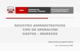 REGISTRO ADMINISTRATIVOS TIPO DE OPERACIÓN GASTOS - INGRESOS DIRECCIÓN DE NORMATIVIDAD Lima, Setiembre de 2009. Dirección Nacional de Contabilidad Pública.