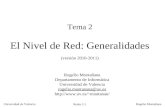 Redes 2-1 Universidad de Valencia Rogelio Montañana Tema 2 El Nivel de Red: Generalidades (versión 2010-2011) Rogelio Montañana Departamento de Informática.
