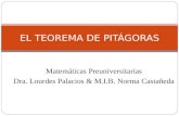 EL TEOREMA DE PITÁGORAS Matemáticas Preuniversitarias Dra. Lourdes Palacios & M.I.B. Norma Castañeda.