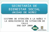 SISTEMA DE ATENCIÓN A LA NIÑEZ Y LA ADOLESCENCIA EN SITUACIÓN DE CALLE ENE-SEP 2009 SECRETARÍA DE BIENESTAR SOCIAL UNIDAD DE NIÑEZ SECRETARÍA DE BIENESTAR.