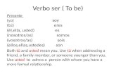 Verbo ser ( To be) Presente (yo) soy (tú) eres (él,ella, usted) es (nosotros/as) somos (vosotros/as) sois (ellos,ellas,ustedes) son Both tú and usted mean.