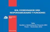ROL COORDINADOR SIRH RESPONSABILIDADES Y FUNCIONES Taller Gestión y Administración Proyecto SIRH Pucón – Noviembre 2013.