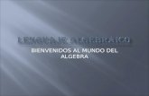BIENVENIDOS AL MUNDO DEL ALGEBRA.  ES EL LENGUAJE QUE UTILIZA SIMBOLOS, LITERALES, SIGNOS, ETC. PARA INTERPRETA UNA FRASE A UNA EXPRESION MATEMATICA.