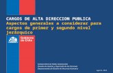 Agosto 2013 CARGOS DE ALTA DIRECCION PUBLICA Aspectos generales a considerar para cargos de primer y segundo nivel jerárquico Subsecretaría de Redes Asistenciales.