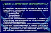 ¿QUE ES LA ESTRUCTURA ORGANIZACIONAL? La estructura organizacional describe el marco de la organización. La estructura de una organización puede dividirse.