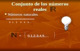 Conjunto de los números reales Números naturales Números naturales 0 1 2 3 4 5 … = 0,1,2,3,4,5,…