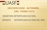 UNIVERSIDAD AUTONOMA SAN FRANCISCO. La antropología cultural del Perú es una ciencia social que estudia principalmente las culturas pasadas y actuales.