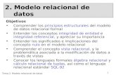 1 Tema 2. Modelo relacional de datos 2. Modelo relacional de datos Objetivos Comprender los principios estructurales del modelo de datos relacional formal.