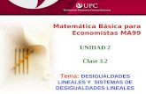 UNIDAD 2 Clase 3.2 Tema: DESIGUALDADES LINEALES Y SISTEMAS DE DESIGUALDADES LINEALES Matemática Básica para Economistas MA99.