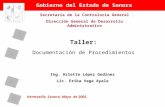 Taller: Documentación de Procedimientos Hermosillo, Sonora, Mayo de 2005. Ing. Arlette López Godínez Lic. Erika Vega Ayala Secretaría de la Contraloría.