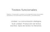 Textos funcionales Unidad: La comunicación dialógica. Sub-unidad: Producción de textos escritos: tipos de textos no literarios. Objetivo: Comprender y.