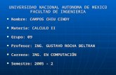 UNIVERSIDAD NACIONAL AUTONOMA DE MEXICO FACULTAD DE INGENIERIA Nombre: CAMPOS CHIU CINDY Materia: CALCULO II Grupo: 09 Profesor: ING. GUSTAVO ROCHA BELTRAN.