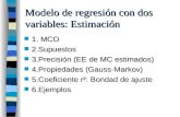 Modelo de regresión con dos variables: Estimación n 1. MCO n 2.Supuestos n 3.Precisión (EE de MC estimados) n 4.Propiedades (Gauss-Markov) n 5.Coeficiente.