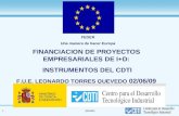 1(27/04/2015) FINANCIACION DE PROYECTOS EMPRESARIALES DE I+D: INSTRUMENTOS DEL CDTI F.U.E. LEONARDO TORRES QUEVEDO 02/06/09 FEDER Una manera de hacer Europa.
