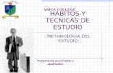 HABITOS Y TECNICAS DE ESTUDIO METODOLOGÍA DEL ESTUDIO: ARICA COLLEGE Presentación para Padres y apoderados.