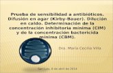 Dra. María Cecilia Villa San Luis, 8 de abril de 2014 Prueba de sensibilidad a antibióticos. Difusión en agar (Kirby-Bauer). Dilución en caldo. Determinación.