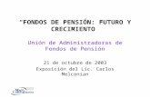 “FONDOS DE PENSIÓN: FUTURO Y CRECIMIENTO” Unión de Administradoras de Fondos de Pensión 21 de octubre de 2003 Exposición del Lic. Carlos Melconian.