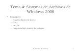 4. Sistemas de archivos1 Tema 4: Sistemas de Archivos de Windows 2000 Resumen: –Gestión básica de discos –FAT –NTFS –Seguridad del sistema de archivos.