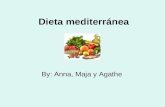 Dieta mediterránea By: Anna, Maja y Agathe. ¿Qué alimentos son típicos de la dieta mediterránea? 1.Aceite de Oliva 2.Muchas Verduras 3.Pan 4.Cereales.