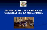 MODELO DE LA ASAMBLEA GENERAL DE LA OEA: MOEA. OBJETIVOS Simulación del proceso deliberativo de las reuniones de la AG/OEA Promover el conocimiento de.