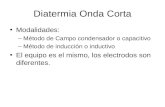 Diatermia Onda Corta Modalidades: –Método de Campo condensador o capacitivo –Método de inducción o inductivo El equipo es el mismo, los electrodos son.