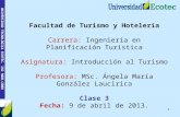 UNIVERSIDAD TECNOLÓGICA ECOTEC. ISO 9001:2008 1 Facultad de Turismo y Hotelería Carrera: Ingeniería en Planificación Turística Asignatura: Introducción.