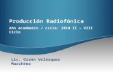 Producción Radiofónica Año académico / ciclo: 2010 II – VIII Ciclo Lic. Giann Velásquez Marchena.