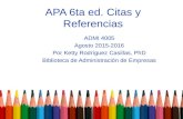 APA 6ta ed. Citas y Referencias ADMI 4005 Agosto 2015-2016 Por Ketty Rodríguez Casillas, PhD Biblioteca de Administración de Empresas.