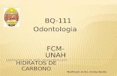 BQ-111 Odontologia FCM-UNAH HIDRATOS DE CARBONO. OBJETIVOS DE APRENDIZAJE:  Reconocer estructuras básicas de carbohidratos los  Describir la clasificación.