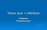 Tener que + infinitive Obligation Grammar entry. Conjugated forms of tener  Tengo  Tienes  Tiene  Tenemos  Tenéis  Tienen.