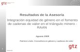 1 ValueLinks Resultados de la Asesoría Integración equidad de género en el fomento de cadenas de valor en el triángulo minero - RAAN Agosto 2009 Patricia.