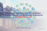 Normativa Ambiental Venezolana 2216-NM · PDF fileDECRETO 2.216 Tekoa Ingenieros C.A. • Los desechos sólidos deberán ser depositados, almacenados, recolectados, transportados,
