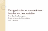Desigualdades lineales en una variable - Página que · PDF fileSoluciones y Desigualdades ... Intervalos que envuelven infinito • Una desigualdad como 𝑥≥6, envuelve la idea
