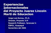 Experiencias Internacionales del Proyecto Juarez …web.cortland.edu/romeu/JuarezSpEcu.pdf · Sinopsis Motivacion y Antecedentes Proyecto Juarez-Lincoln-Marti Talleres, becarios y