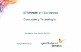 El biogás en Zaragoza · Existe potencial de biogas/biomasa. (en España, el potencial se estima en 20.000 GWh de biogas y 200.000 GWh de biomasa sólida) Existen diferentes tecnologías