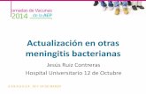 Actualización en otras meningitis bacterianas · Meningitis bacterianas H. influenzae Neumococo Meningococo Tipos capsulares 6 (a-f) b> 90% de casos >90 Muy variables A, B,