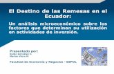 El Destino de las Remesas en el EcuadorEntorno Económico de las Remesas en el Ecuador Evolución de las remesas Año 2007 –Remesas: US $3.087 millones (récord) – 5.47% (2006)