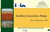 Análisis Encuestas Riegoºblicos/INIA La Estanzuela/riego set 2017... · Sistemas de riego Área de riego según sistema: Aspersión: 17.190 ha Pivot: 17.175 ha Cañón: 15 ha Melgas: